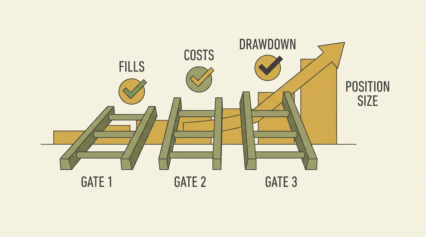 Diagram showing three evidence gates with checklist items and a rising position size bar