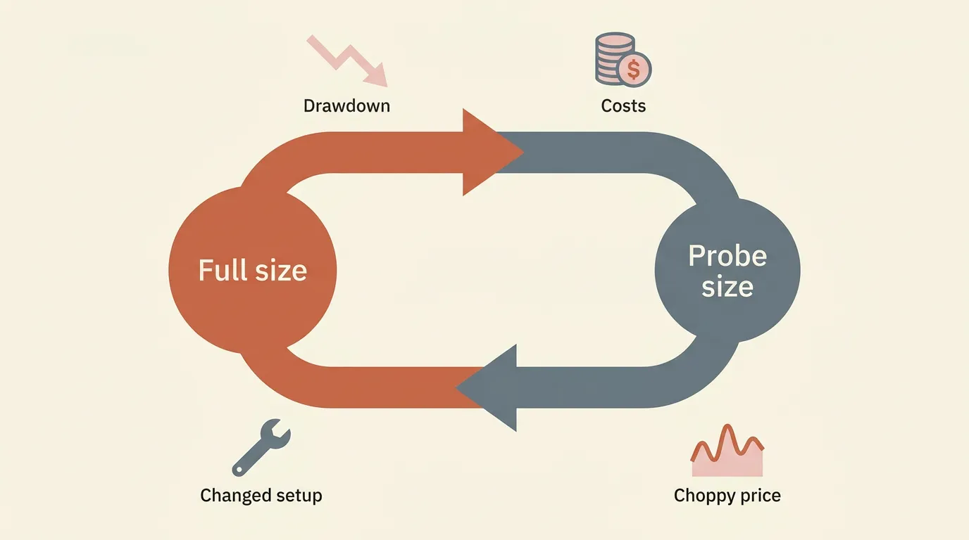 Illustration of a two-way loop between full size and probe size with four scale-down trigger icons