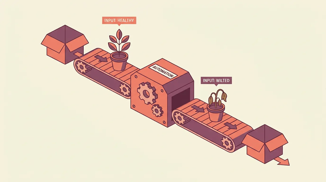 A gearbox feeding two conveyors — one with a thriving plant, one wilted — showing automation amplifies the strategy you give it.