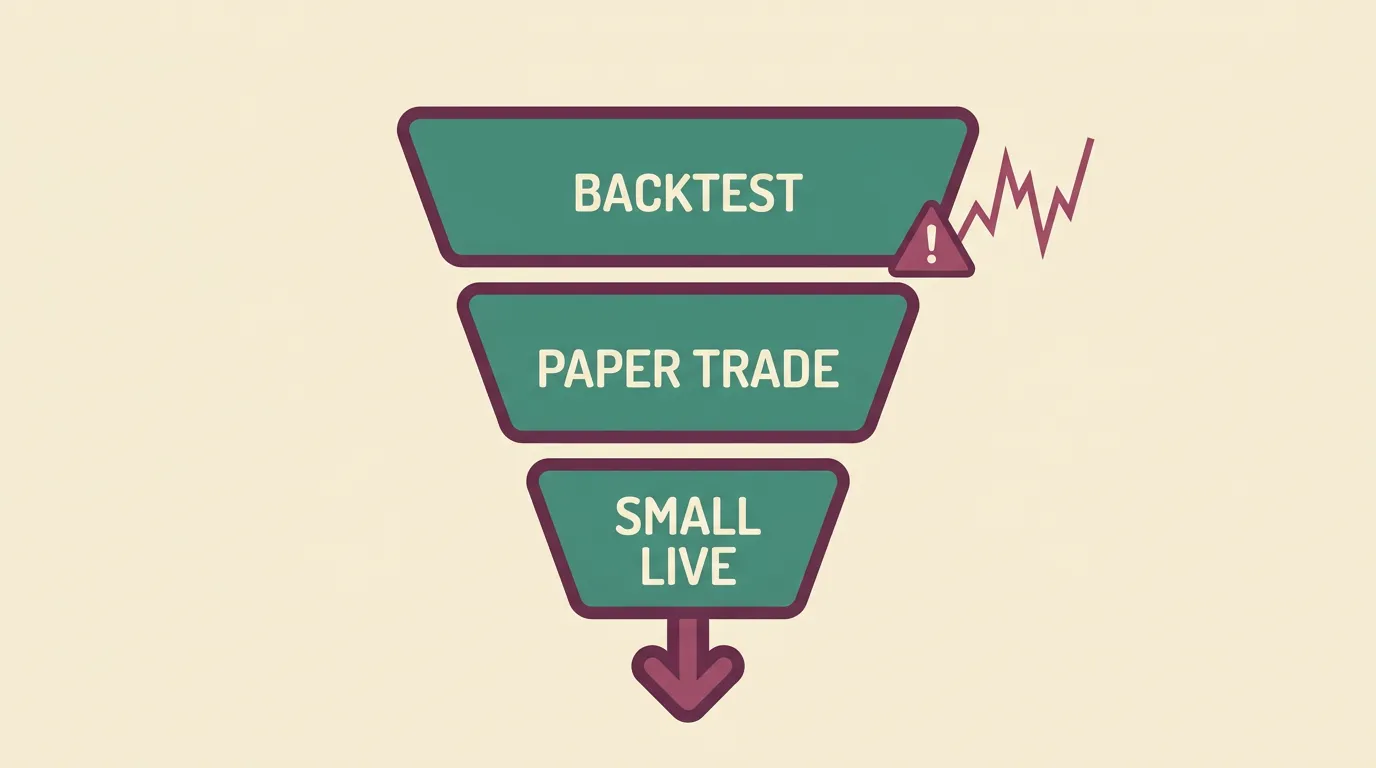 A three-stage validation funnel — backtest, paper trade, small live — with an overfitting warning marker.