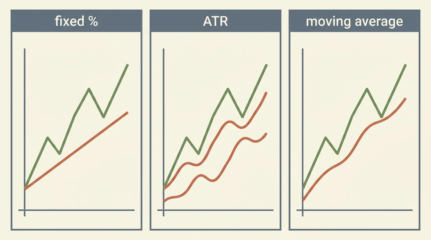 Three-panel diagram comparing fixed percentage, ATR-based and moving-average trailing stops on the same price path