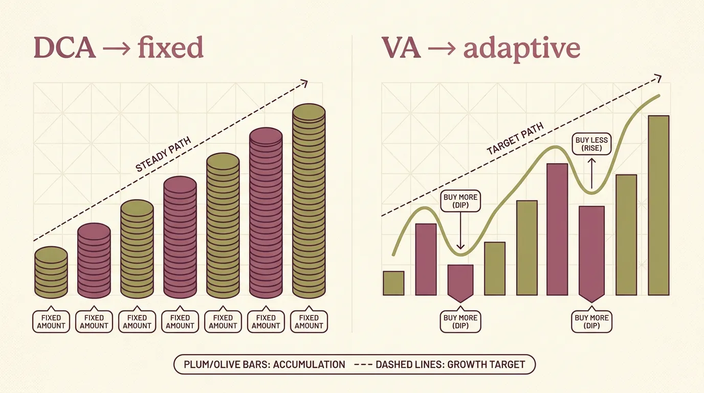 Diagram comparing fixed dollar-cost-averaging buys with variable value-averaging buys tracking a rising target line.