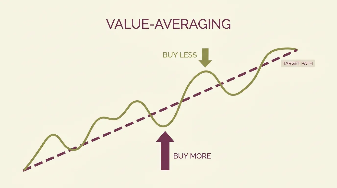 Value path chart showing a rising target line with actual portfolio value dipping below and rising above, triggering larger or smaller buys.