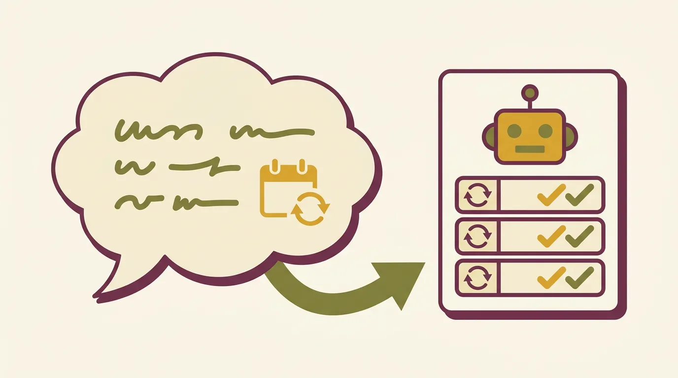 A speech bubble of plain-language instructions turning into a scheduled recurring-buy bot icon.