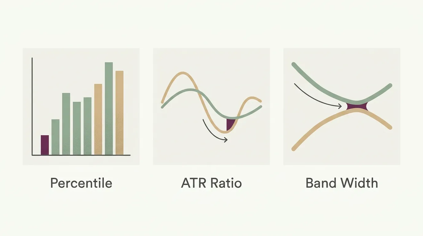 Three side by side diagrams showing range percentile, ATR ratio and band width as ways to measure volatility compression