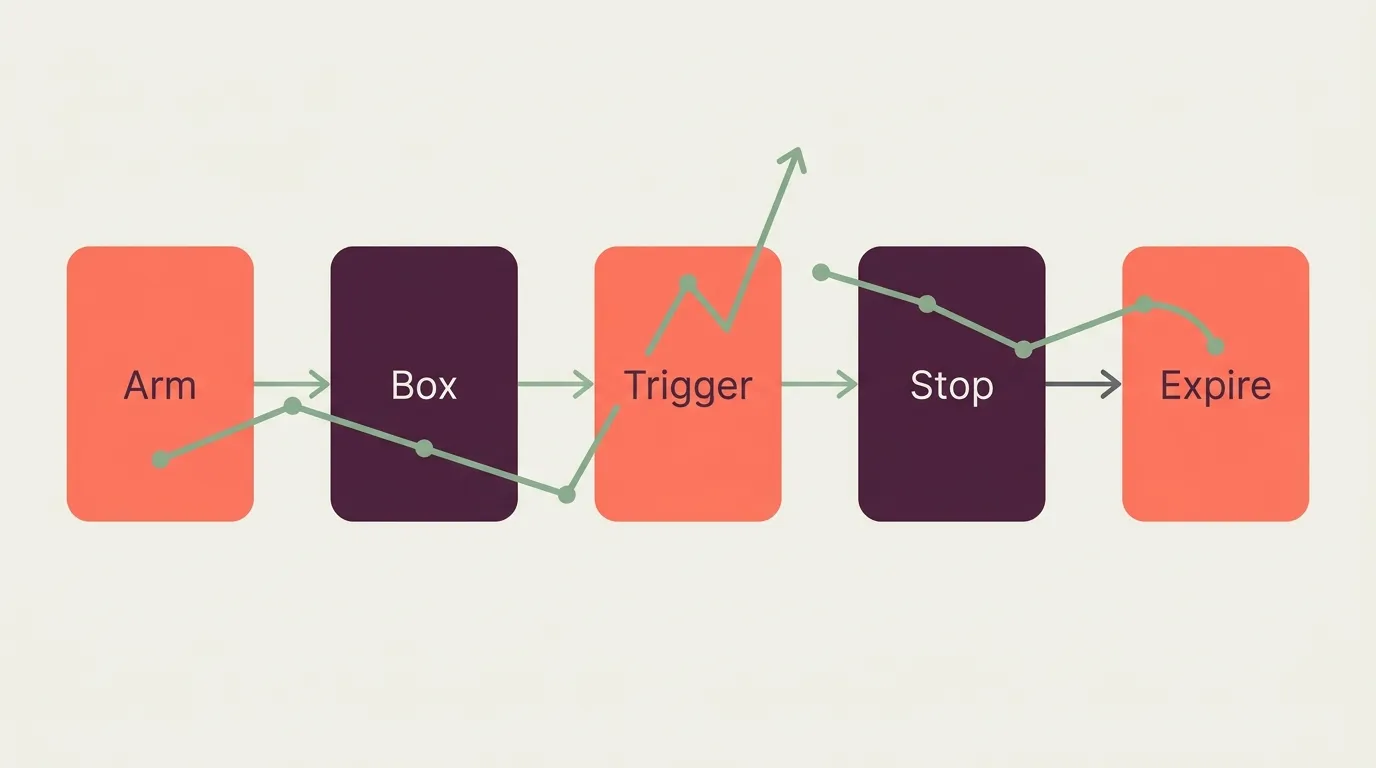 Flow diagram of a squeeze breakout bot with arm, define box, trigger, stop and expire stages