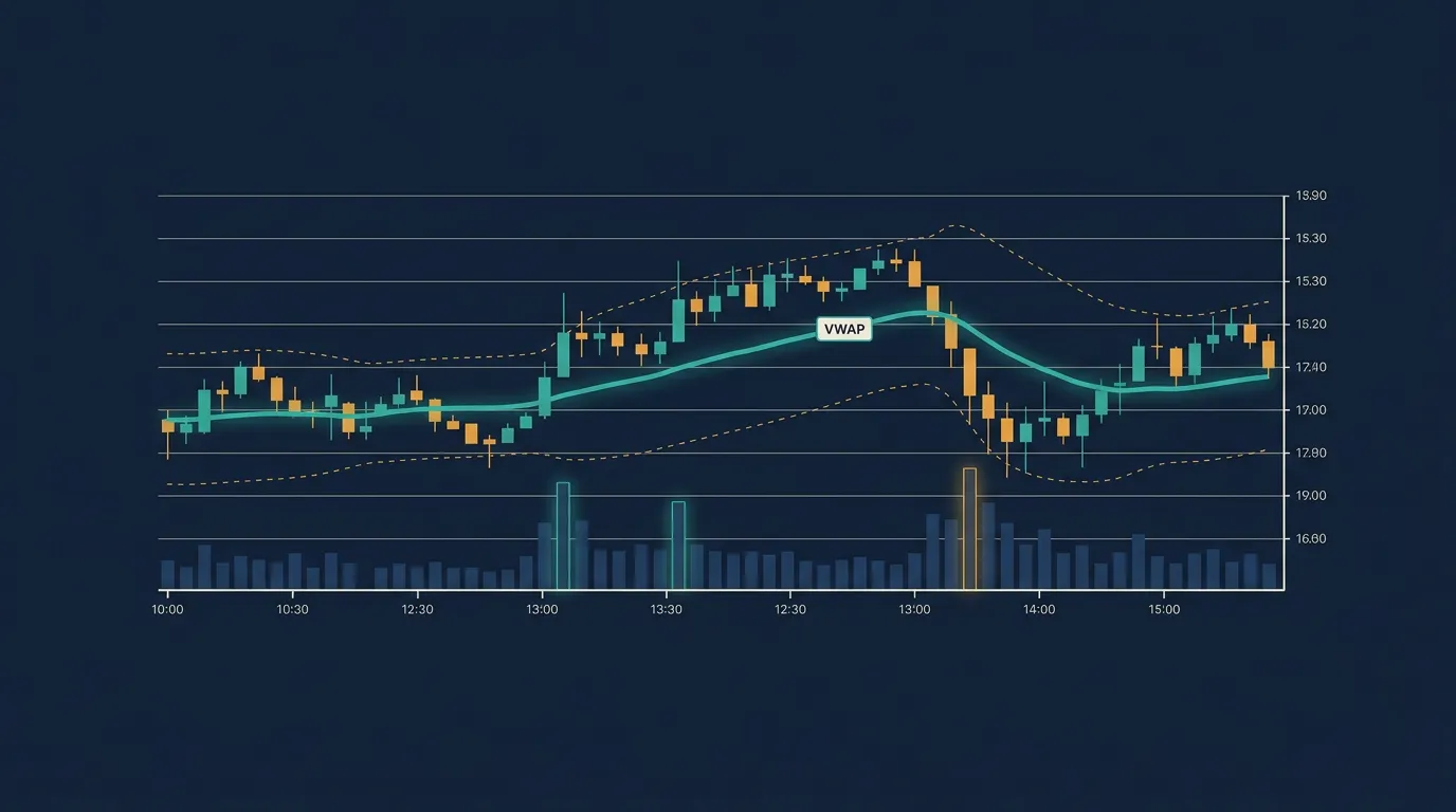 Schematic of an intraday candlestick chart with a VWAP line, standard-deviation bands, and a volume histogram below.