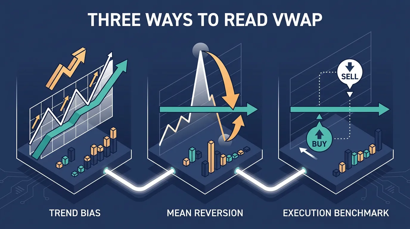 Isometric diagram showing VWAP used for trend bias, mean reversion, and as an execution benchmark.