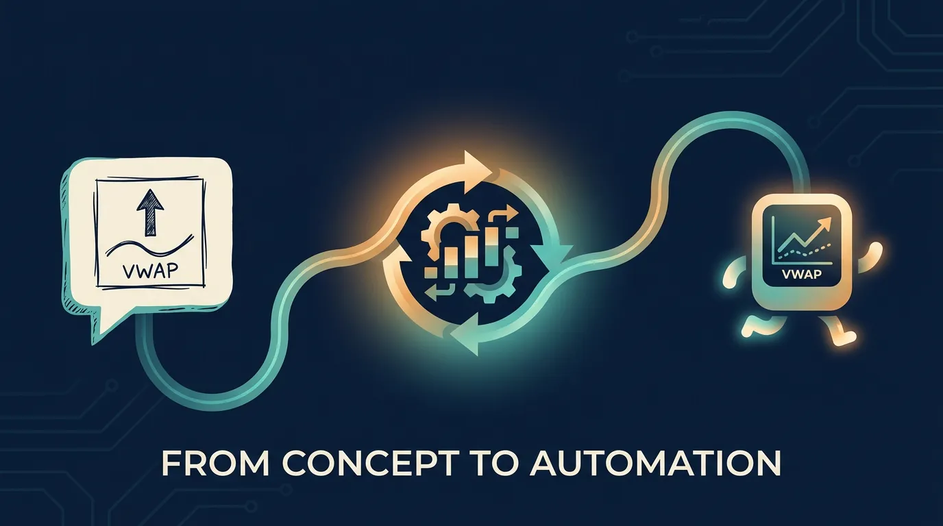 A plain-language VWAP rule transforming into a running automated trading bot.