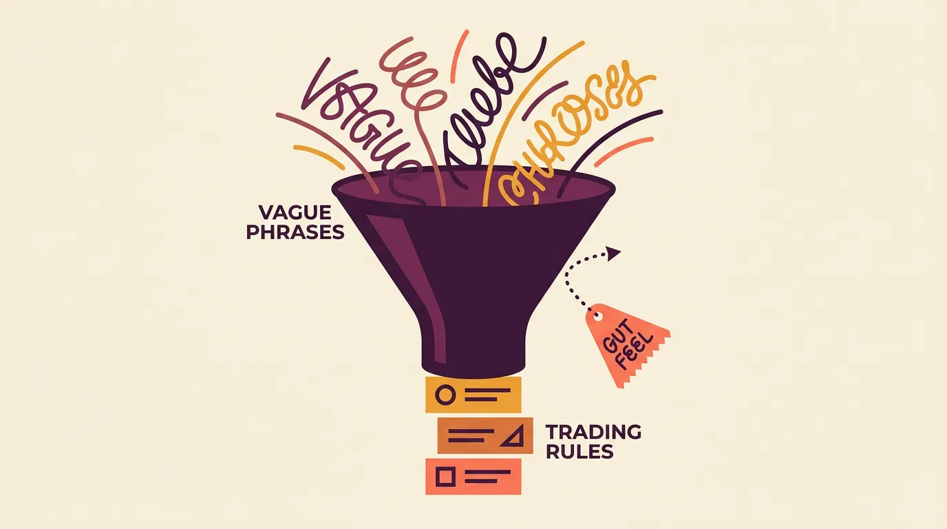 A funnel turning vague phrases into concrete rules while rejecting undefinable gut-feel inputs.